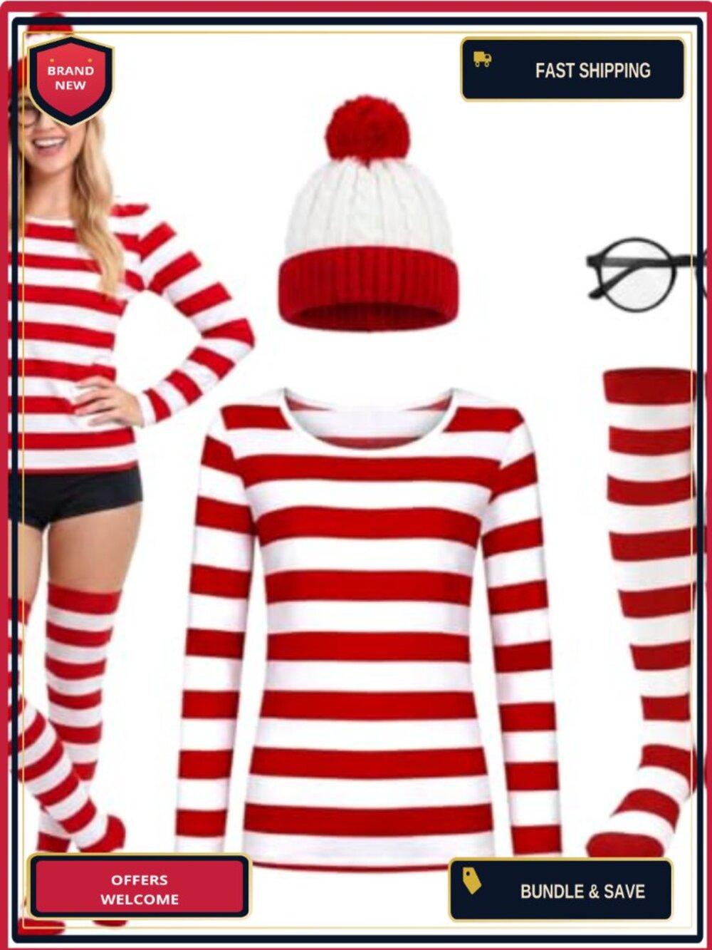 Women's Halloween Costume Set Striped Top Stockings Hat Glasses Cosplay